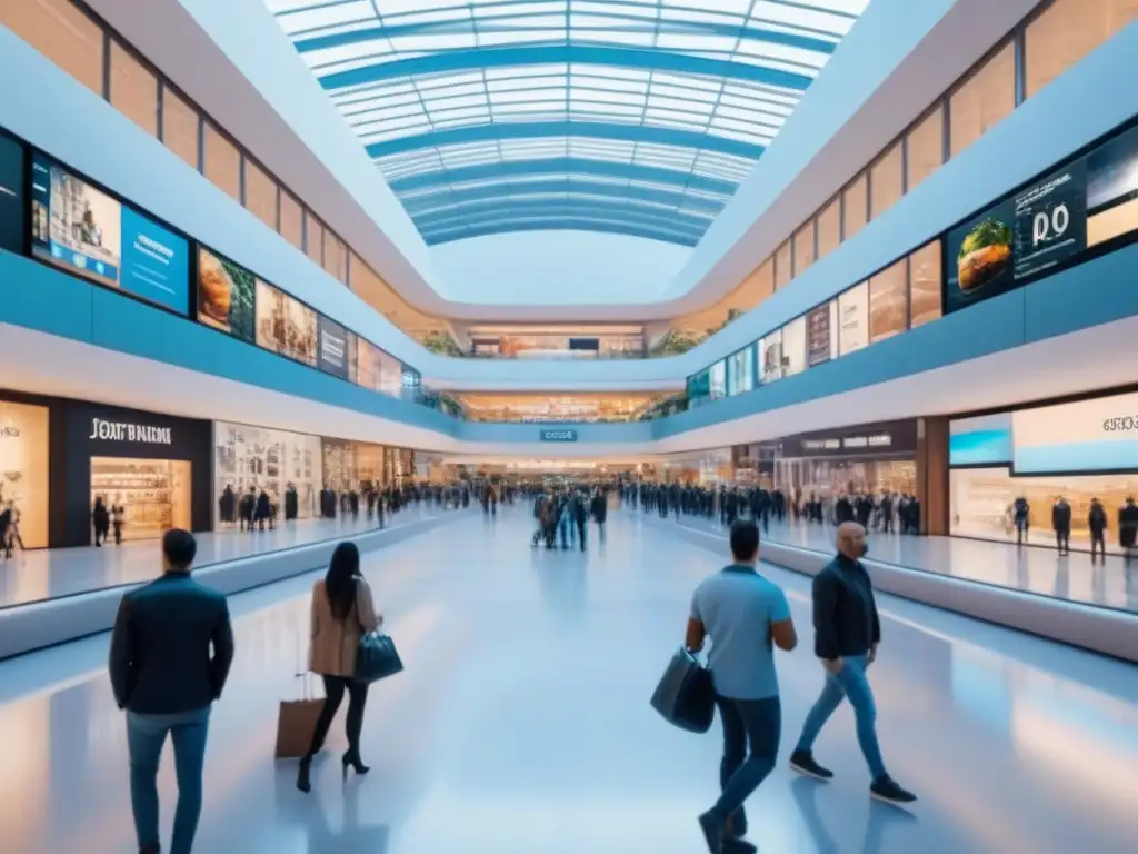 Centro comercial futurista con tecnología avanzada y multitudes diversas Un centro comercial futurista con tecnología avanzada y pantallas digitales mostrando tendencias inversión mercado, lleno de diversidad