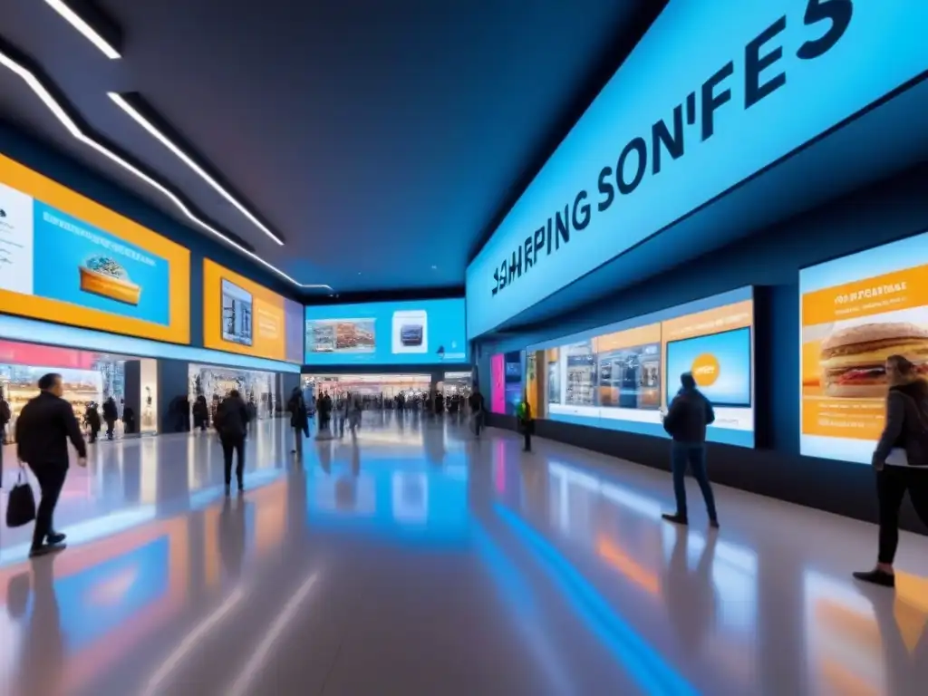 Centro comercial del futuro: experiencia de compra digital y futurista Centro comercial futurista con tecnología avanzada y multitud diversa, reflejando estrategias de inversión inmobiliaria avanzadas