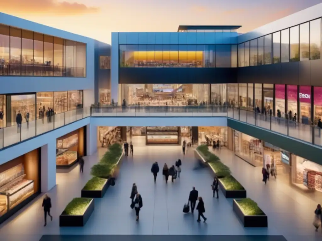 Centro comercial futurista: arquitectura innovadora y diversidad de tiendas Un centro comercial futurista y vibrante, reflejando las tendencias de inversión en el mercado