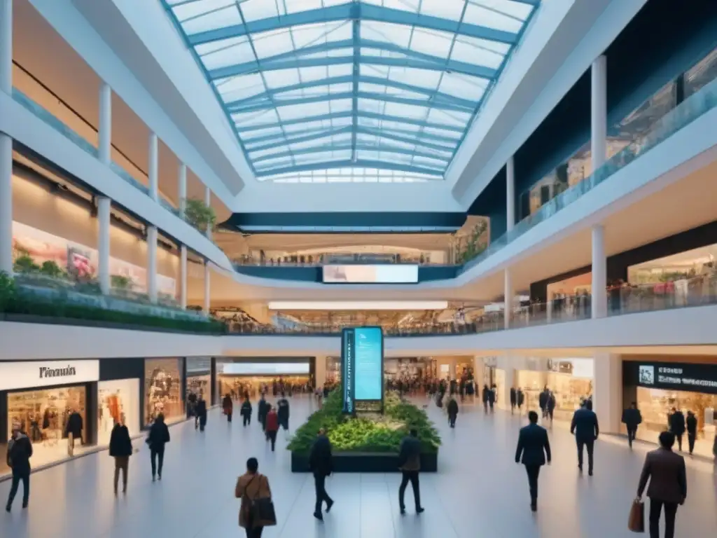 Centro comercial futurista: innovación y conexión en 8k Un centro comercial futurista y vibrante con arquitectura elegante, pantallas digitales, diversidad y vegetación