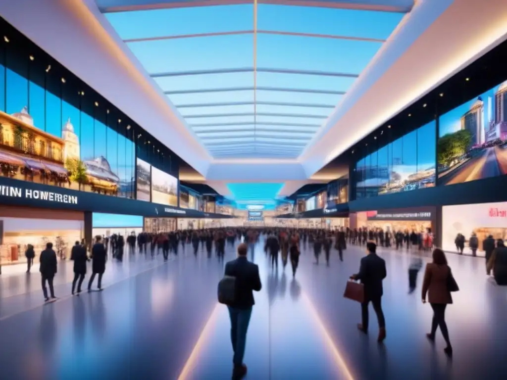 Centro comercial futurista: diseño innovador y vibrante Centro comercial innovador con arquitectura moderna, pantallas digitales interactivas y multitud diversa de compradores