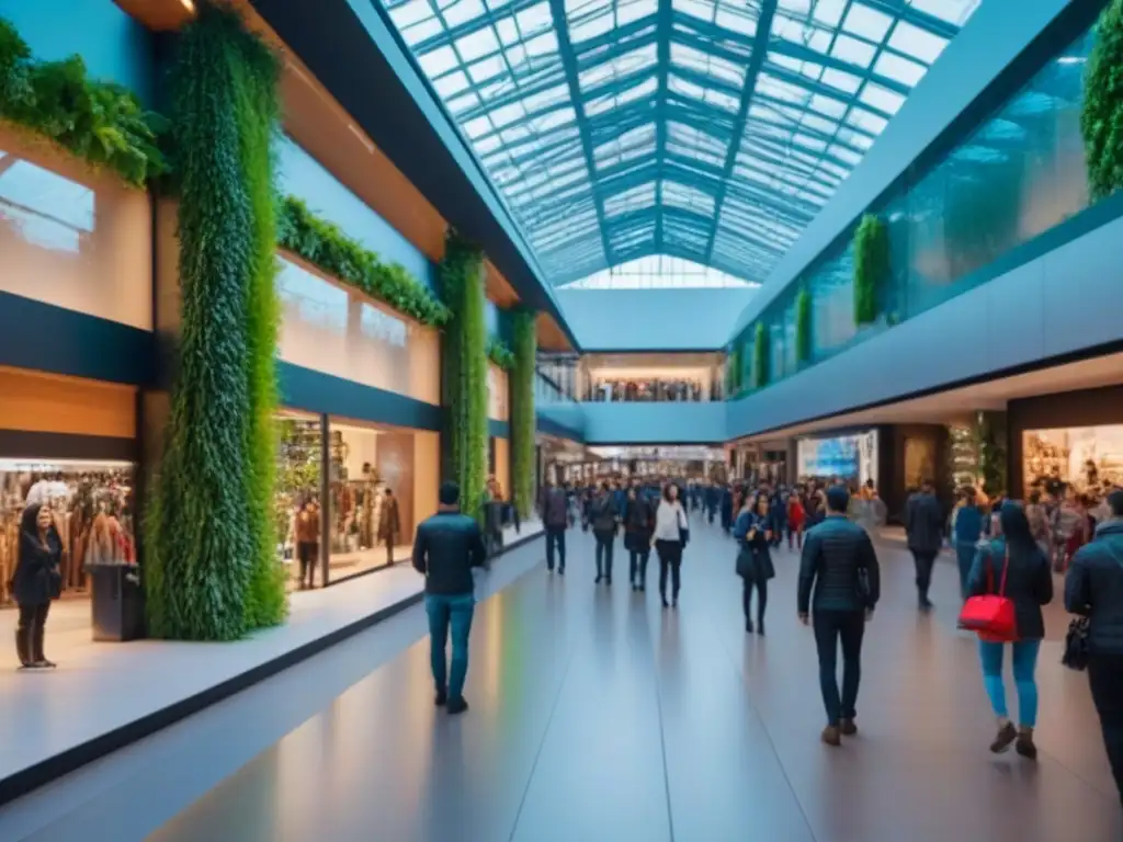 Centro comercial del futuro: tiendas innovadoras y diseño vanguardista Un centro comercial innovador con arquitectura moderna, pantallas digitales interactivas y paredes verdes