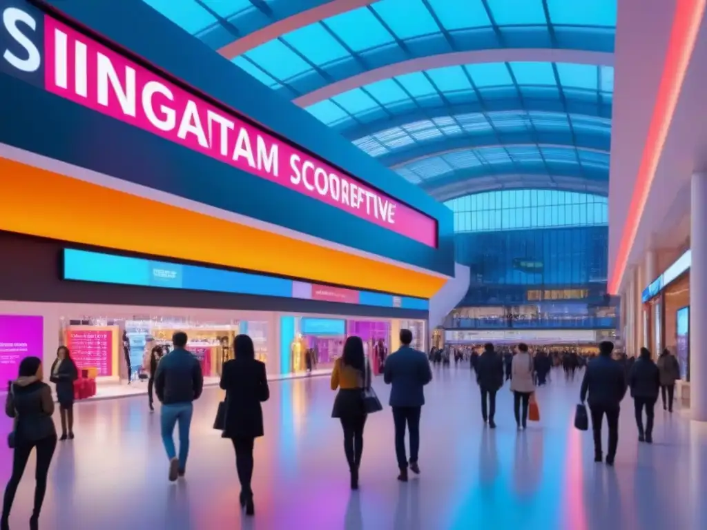 Centro comercial futurista: innovación y diversidad en un ambiente vibrante Un centro comercial innovador y moderno, lleno de tecnología y diversidad, iluminado por luces de neón vibrantes