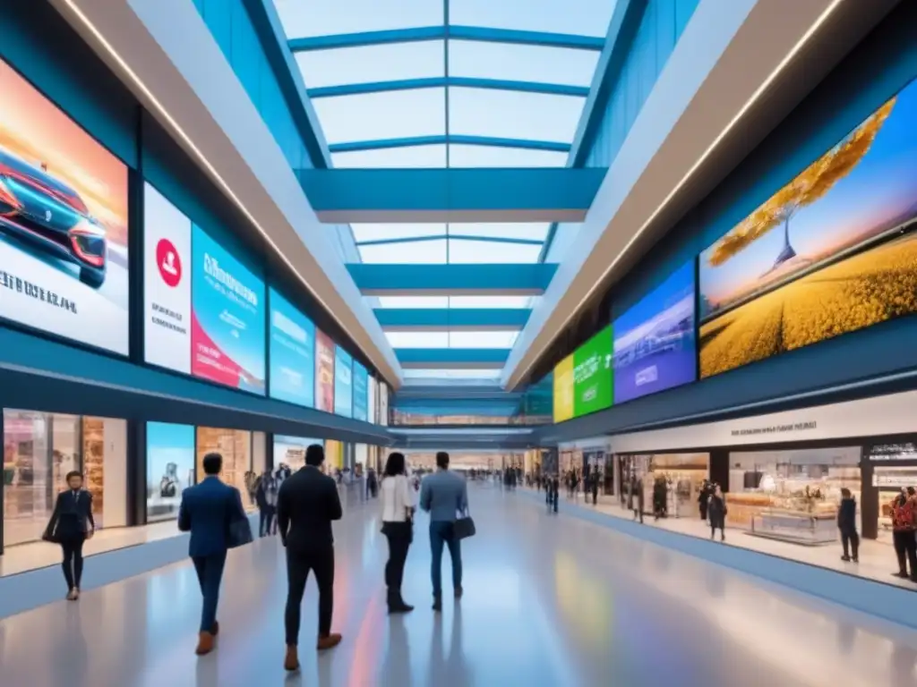 Centro comercial futurista con tecnología innovadora y robots asistentes Un centro comercial innovador y moderno, con hologramas interactivos, asistentes robots y drones de entrega automatizados