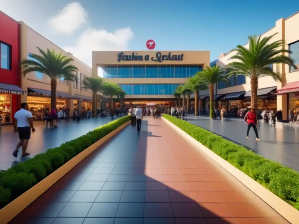 Centro comercial moderno y vibrante: escena de lujo y comunidad Un centro comercial moderno y bullicioso con arquitectura elegante y tiendas vibrantes, gente diversa disfrutando