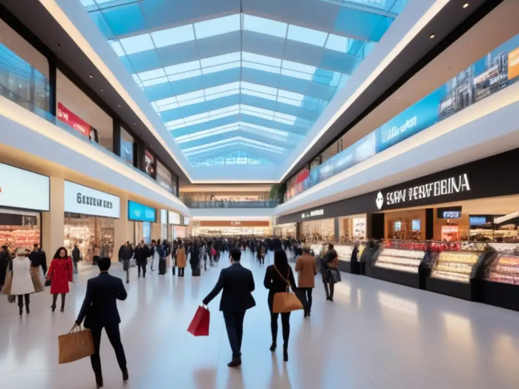 Centro comercial moderno: diversidad de compradores en un ambiente dinámico Centro comercial moderno con diversidad de compradores y promociones, iluminado por luz natural