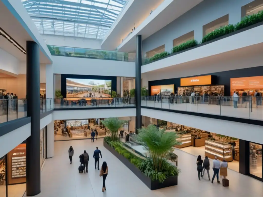 Centro comercial moderno: tecnología, diseño y experiencia del cliente Centro comercial moderno con diversidad de compradores, arquitectura innovadora y tecnología integrada