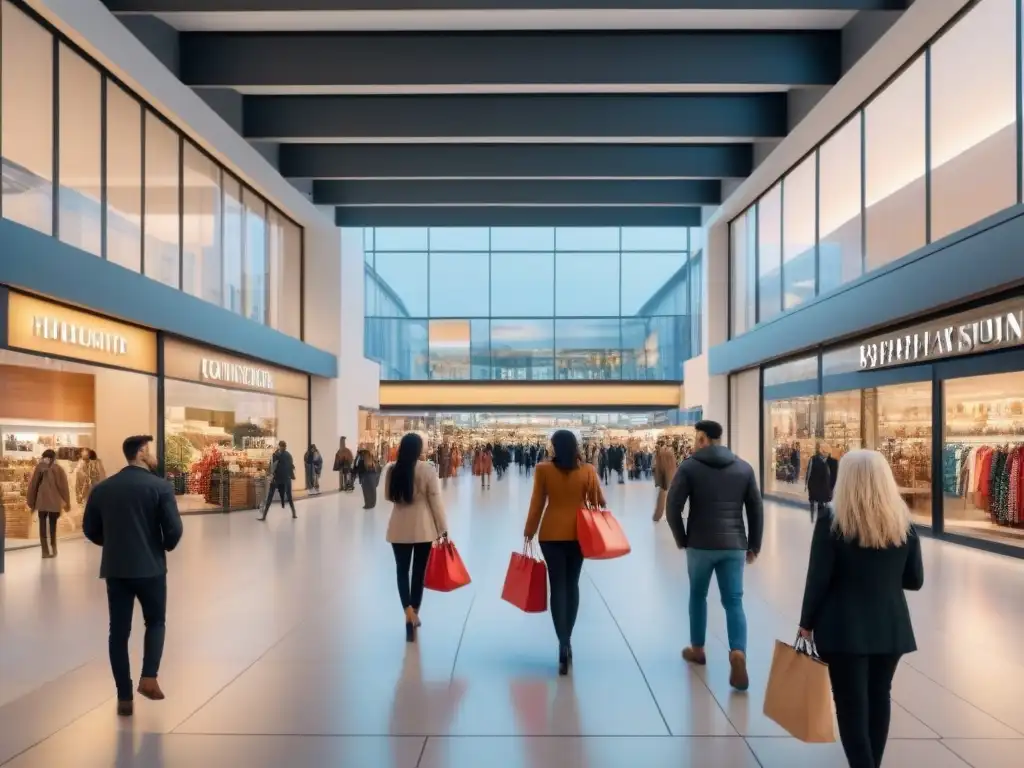 Centro comercial moderno: diversidad, tendencias y vitalidad Centro comercial moderno con diversidad de personas y tiendas, reflejando tendencias demográficas y económicas