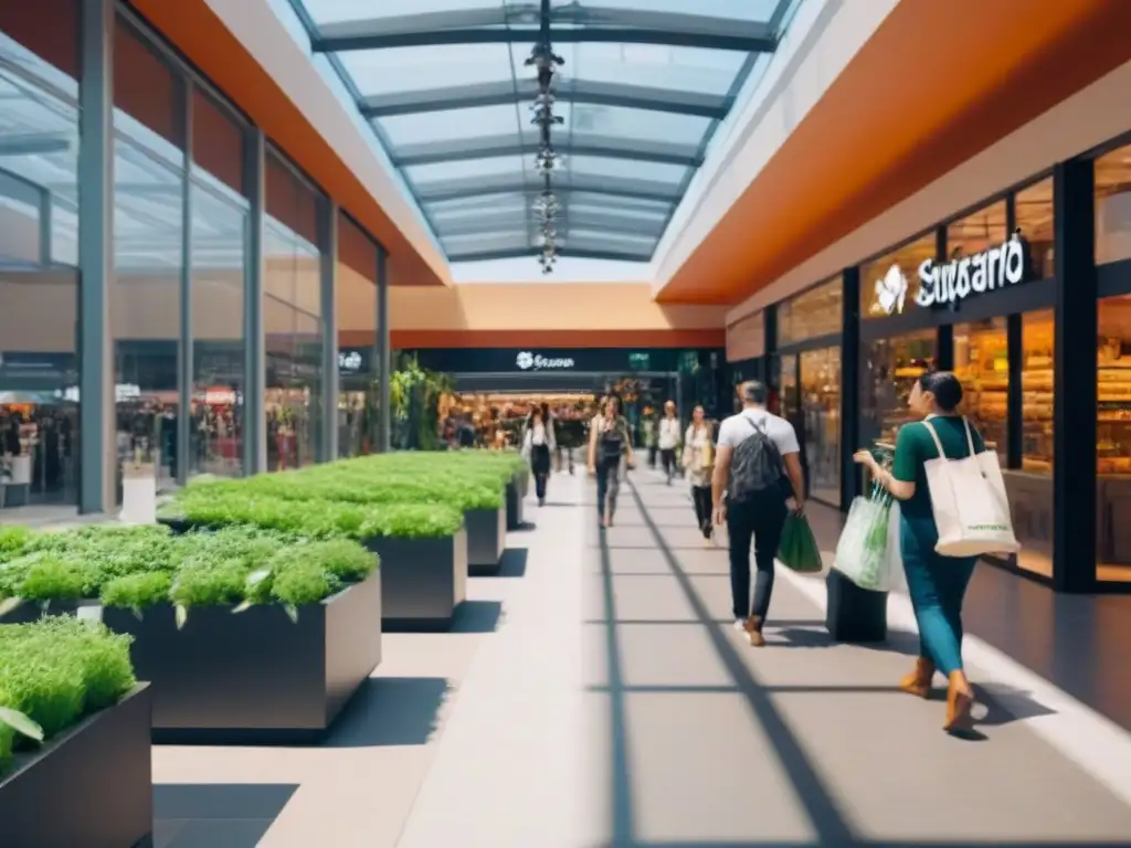 Centro comercial ecológico: naturaleza y compras sostenibles Centro comercial moderno y ecológico con inversión sostenible, shoppers disfrutan ambiente verde y sostenible