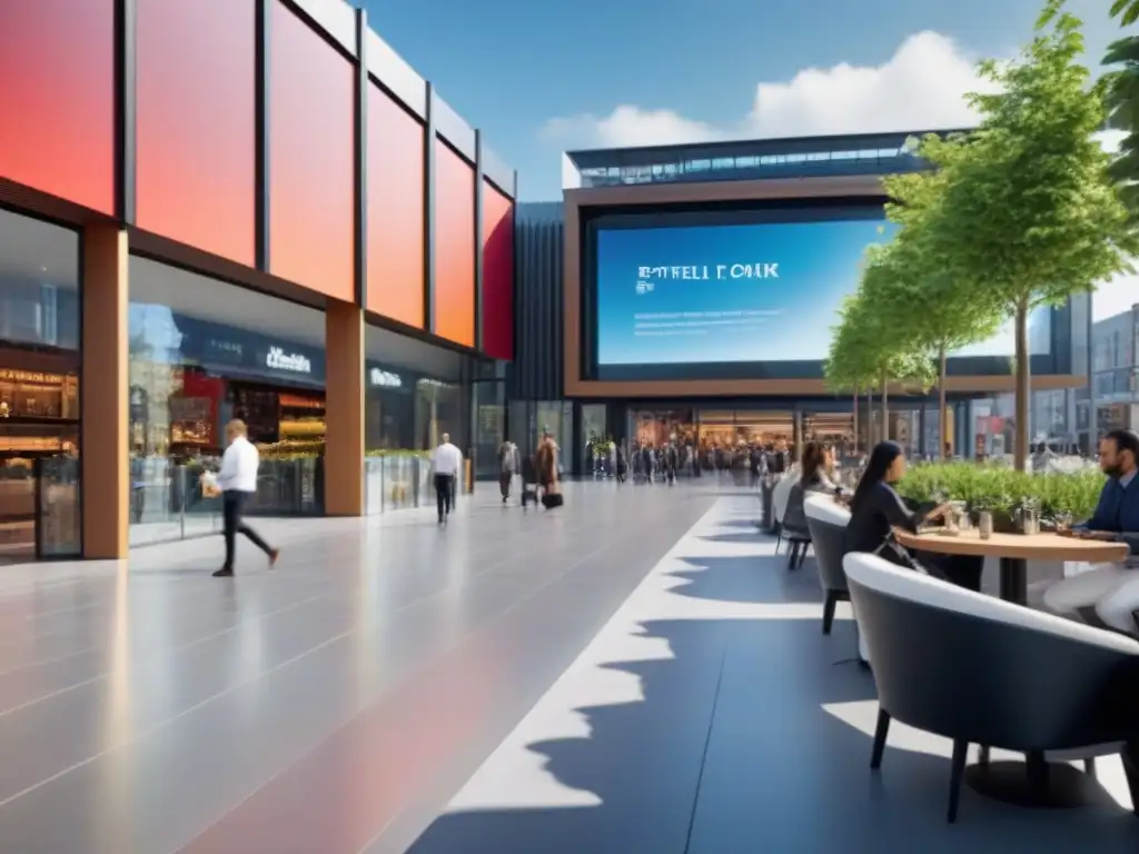 Centro comercial futurista: la vanguardia del retail Un centro comercial moderno lleno de vida y tecnología, con diseños futuristas y vibrantes exposiciones digitales