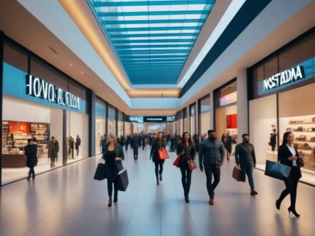 Centro comercial moderno: vibrante escena de compras y diversidad Un centro comercial moderno lleno de gente diversa, con arquitectura elegante y un ambiente vibrante