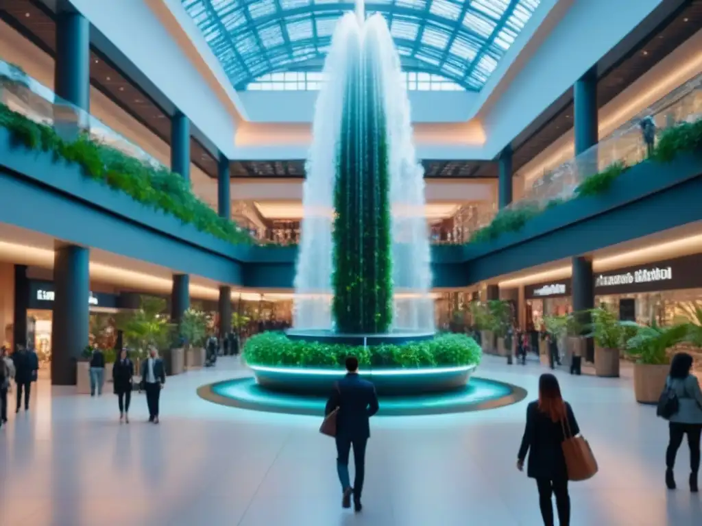 Centro comercial eco-sostenible con tecnología interactiva Un centro comercial moderno y sostenible con vegetación exuberante y diseño ecoamigable