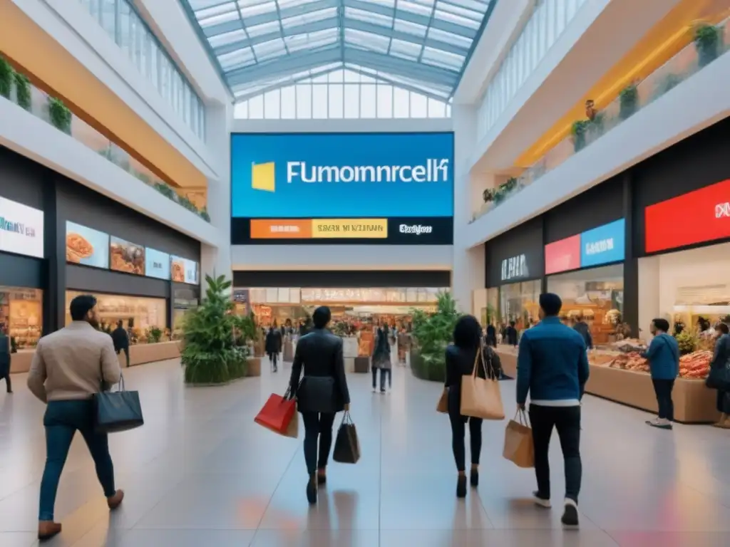 Centro comercial moderno: diversidad, tecnología y compras vibrantes Un centro comercial moderno y vibrante, reflejo de inversiones, tendencias demográficas y diversidad en la ciudad