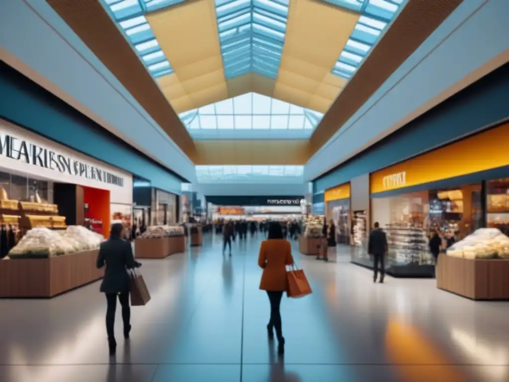 Centro comercial moderno: inversión y crecimiento en retail Un centro comercial moderno y vibrante lleno de tiendas y compradores diversos