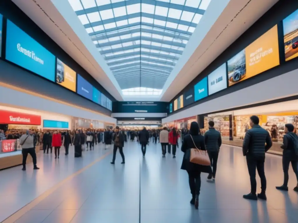 Centro comercial futurista: diversidad y tecnología en acción Un centro comercial moderno y vibrante con diversidad de compradores y tecnología de vanguardia