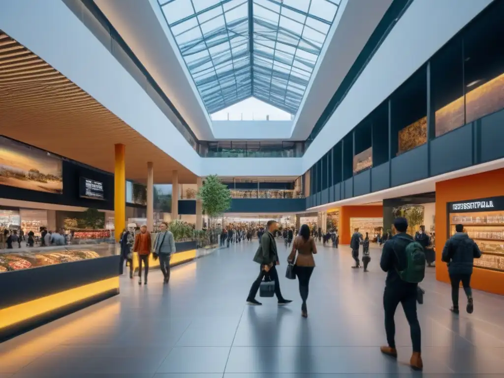 Centro comercial moderno y vibrante con espacios multifuncionales Un centro comercial moderno y vibrante con espacios comerciales multifuncionales, tiendas, espacios de coworking y zonas recreativas