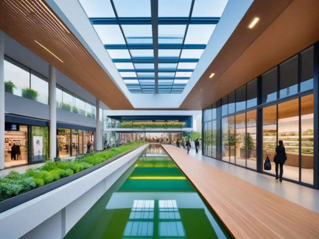 Centro comercial futurista y sostenible en la ciudad Un centro comercial multifuncional futurista con diseño innovador y elementos sostenibles, rodeado de exuberantes jardines urbanos