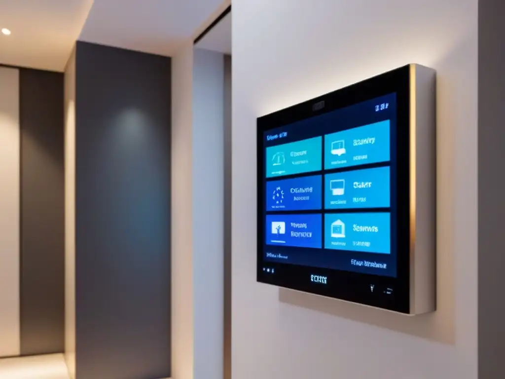 Centro de control domótico futurista: gestión inteligente del hogar Centro de control domótico futurista con diseño elegante y pantalla táctil mostrando datos de consumo energético