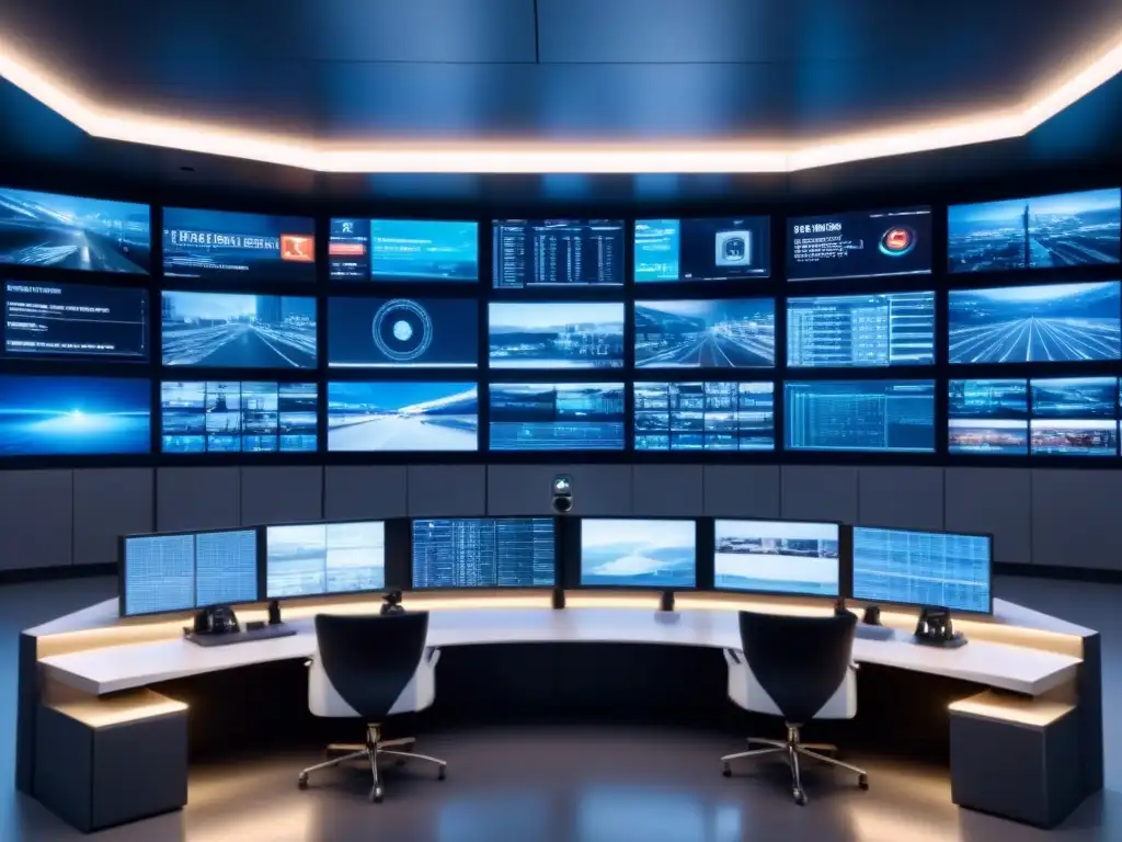 Centro de control de seguridad de alta tecnología en edificio futurista Centro de control de seguridad de alta tecnología con pantallas grandes mostrando imágenes de cámaras de vigilancia en edificio futurista