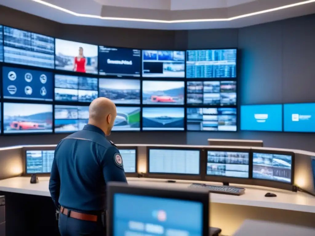 Centro de control de seguridad de última generación en espacio comercial Centro de control de seguridad en espacio comercial con tecnología avanzada y monitoreo profesional