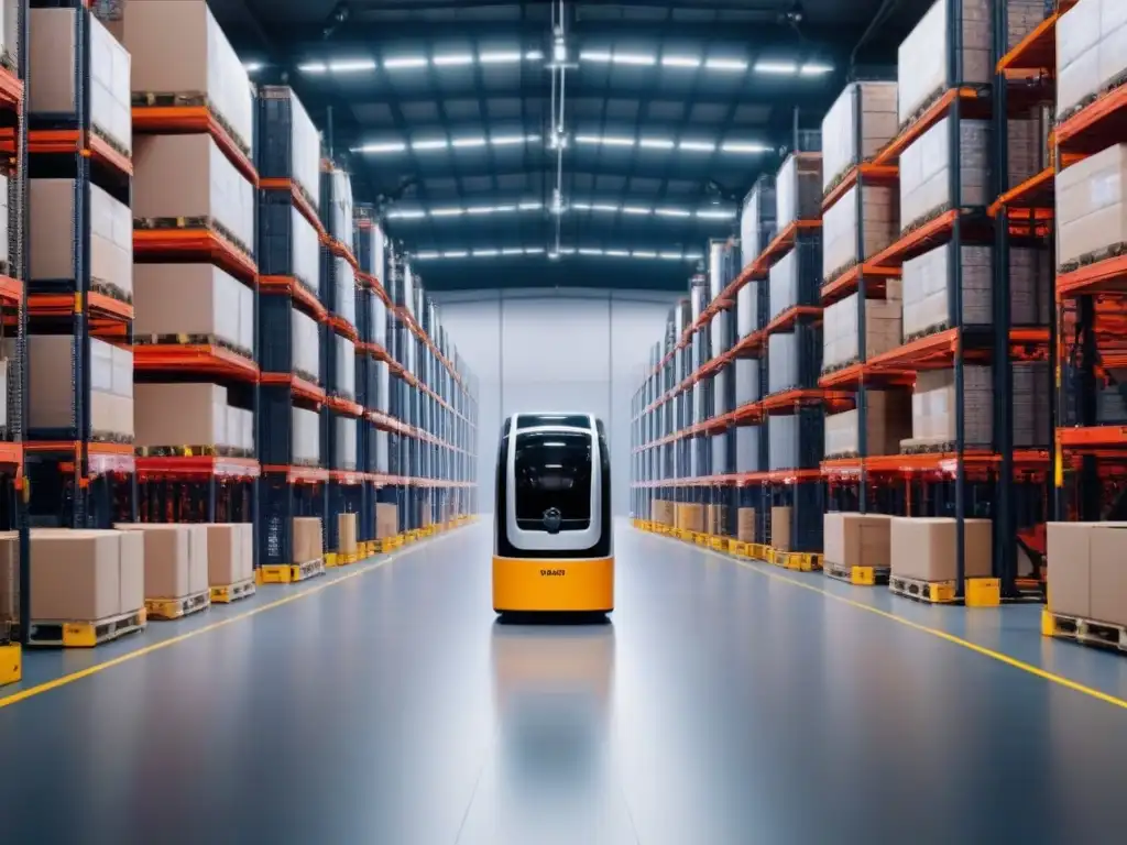 Centro logístico de eCommerce con robots automatizados y tecnología punta Centro logístico eCommerce con robots automatizados moviendo pallets en almacén de alta tecnología