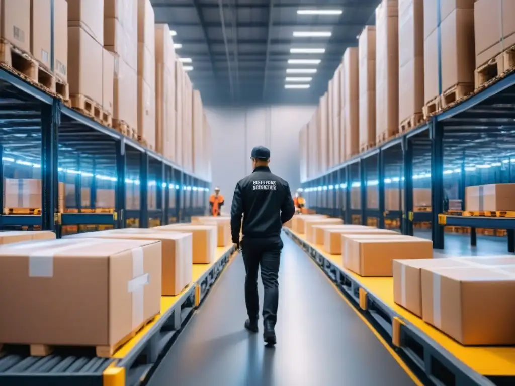 Almacén automatizado de vanguardia: eficiencia logística en la era digital Centro logístico eCommerce con tecnología de vanguardia, operarios supervisando brazos robóticos y paquetes listos para distribución