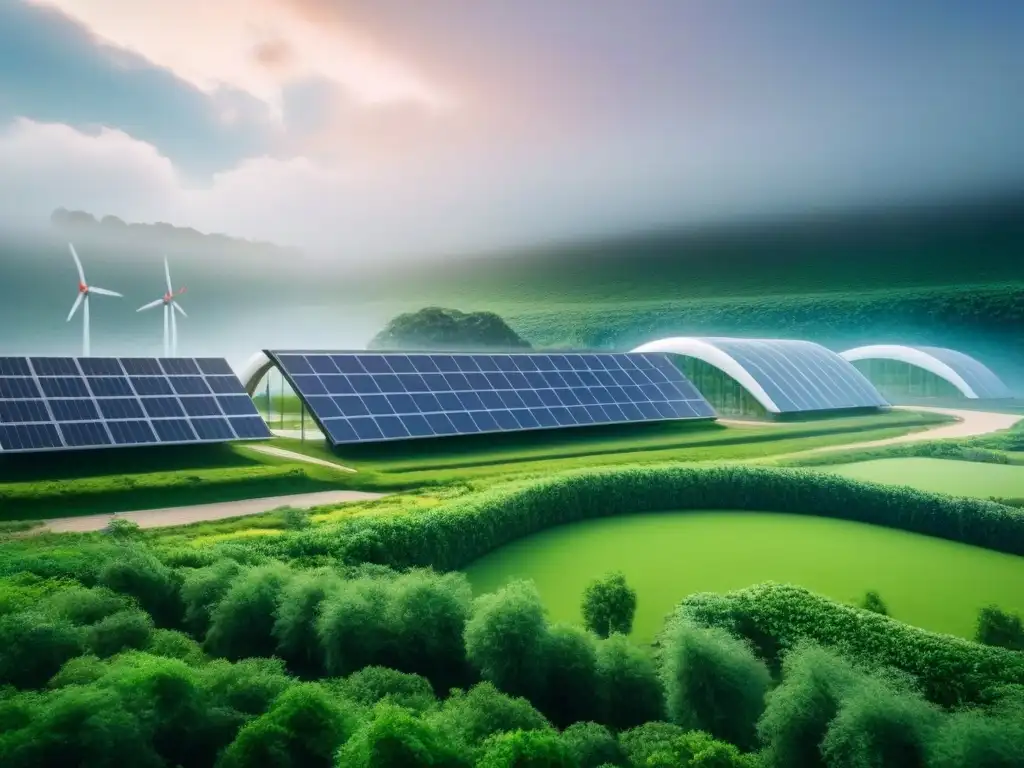 Centro tecnológico verde del futuro: innovación sostenible en 8k Un centro tecnológico verde futurista rodeado de energía renovable y vegetación, simbolizando innovación y sostenibilidad en proyectos de restauración