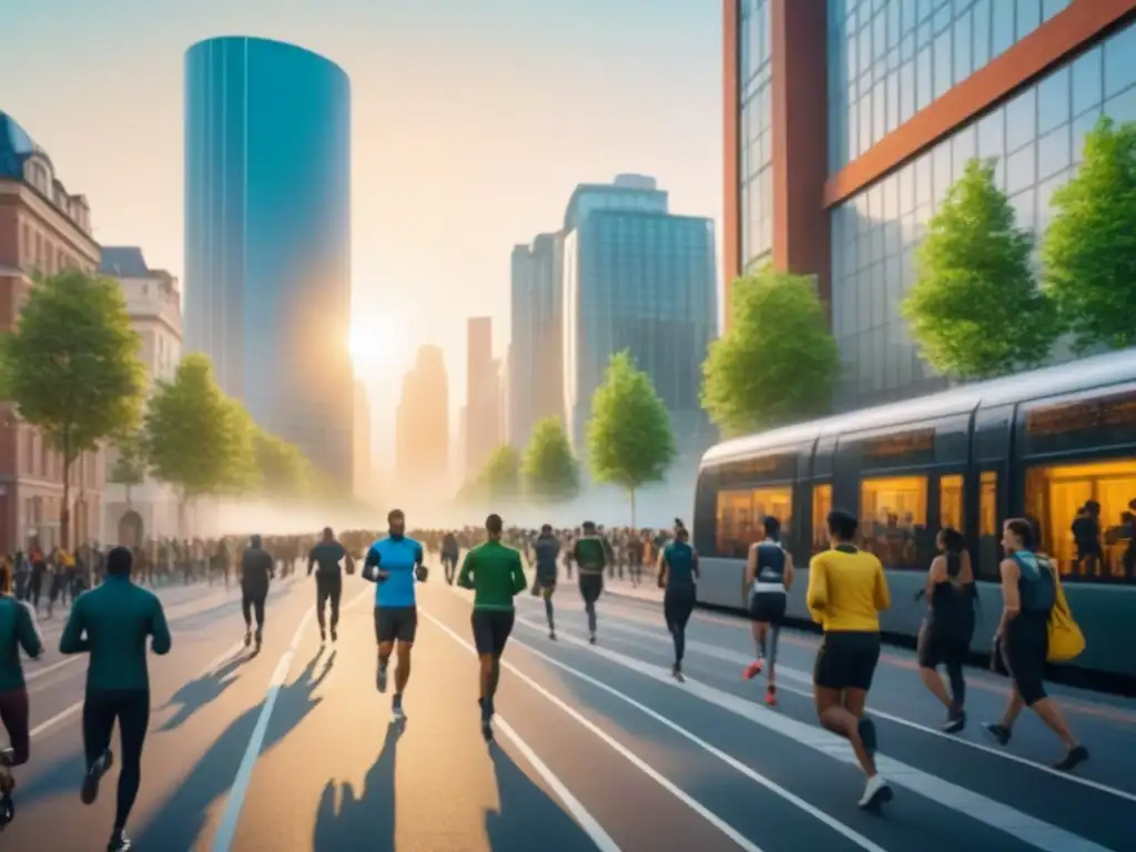 Metrópolis futurista: arquitectura moderna, naturaleza y diversidad urbana Un centro urbano futurista con rascacielos, espacios verdes y transporte eficiente