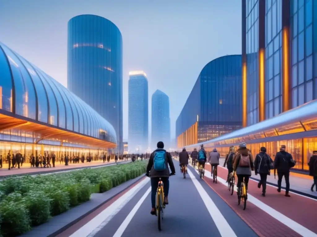 Desarrollo urbano sostenible: ciudad moderna y verde Un centro urbano sostenible con economía local, fusionando naturaleza y modernidad en armonía