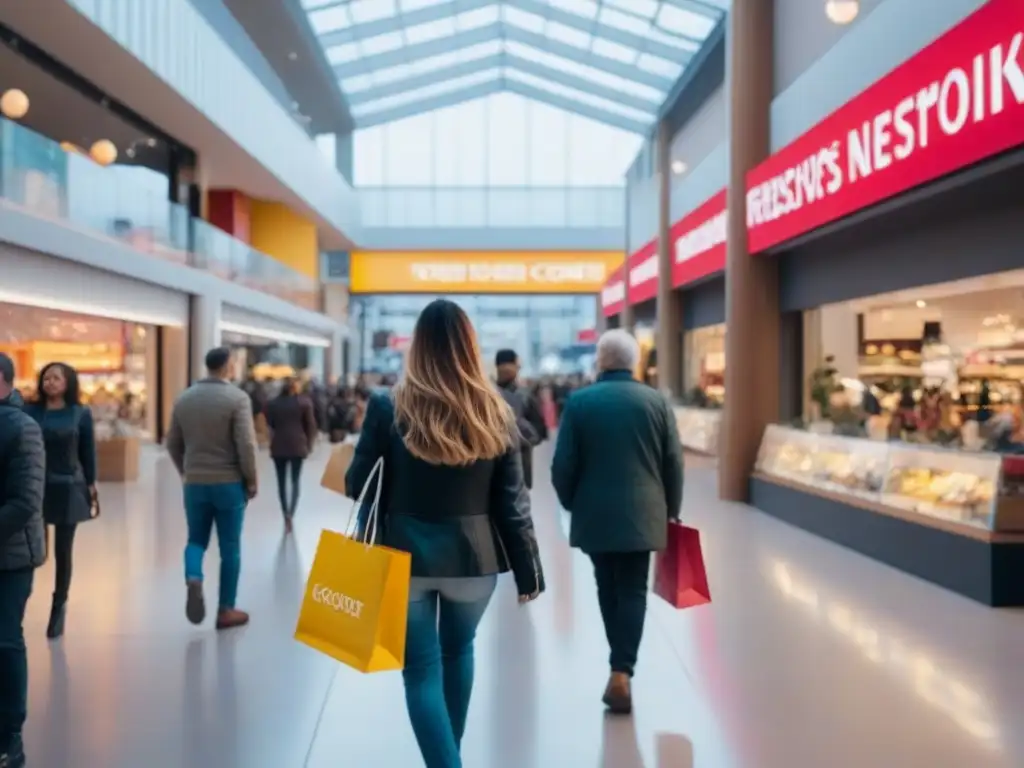 Centro comercial moderno y animado con diversidad de tiendas y compradores Inversión centros comerciales rentable 2023: Centro comercial moderno y animado, lleno de tiendas y compradores de todas las edades