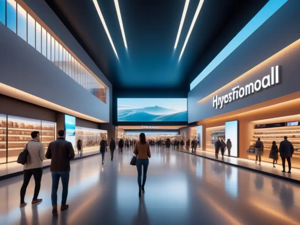 Centro comercial futurista: compras innovadoras en 8k Inversión centros comerciales rentable 2023: Centro comercial futurista con diseño innovador, compradores diversos y tecnología avanzada
