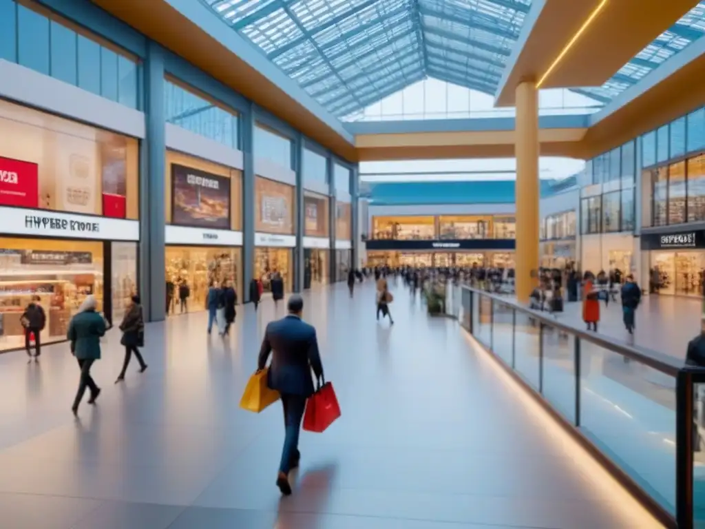 Centro comercial moderno y vibrante: Escena 8k de compras en 2023 Inversión centros comerciales rentable 2023: Centro comercial moderno con tiendas, compradores y arquitectura contemporánea vibrante