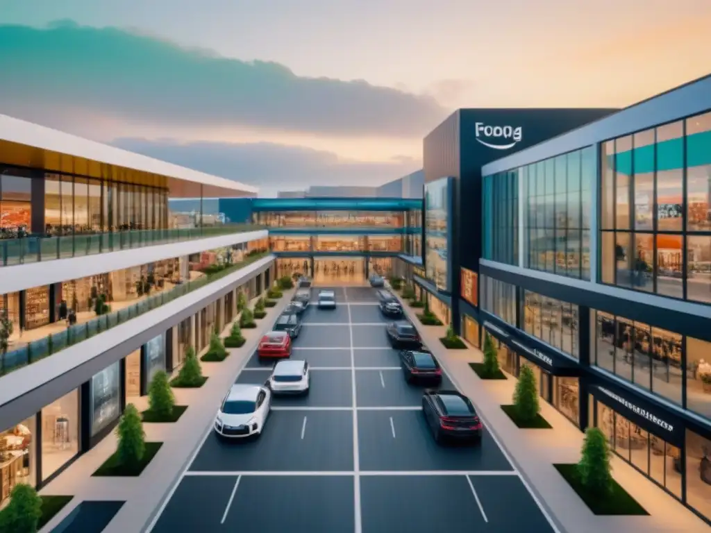 Centro comercial de diseño moderno en 8k: una vista aérea impresionante Inversión centros comerciales rentable 2023: Vista aérea de moderno y próspero centro comercial en 8k