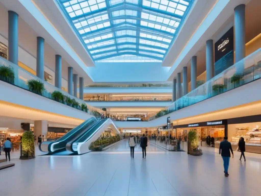 Centro comercial de lujo con diseño sofisticado y moderno Renovación centros comerciales valor aumentar: Un lujoso centro comercial moderno con atrio iluminado y tiendas exclusivas