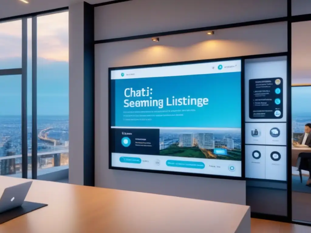 Interfaz de chatbot futurista en oficina inmobiliaria moderna Un chatbot futurista interactuando con clientes en un entorno inmobiliario moderno