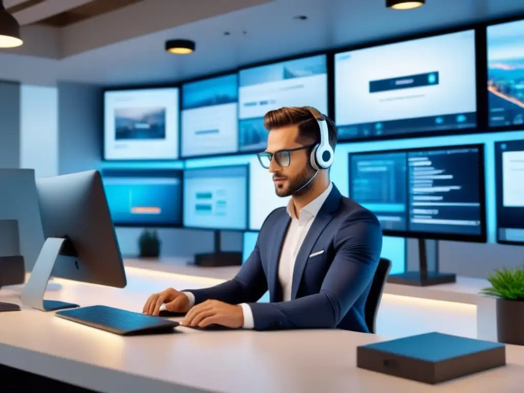 Oficina inmobiliaria futurista con chatbot 8k Chatbot futurista en oficina inmobiliaria moderna: profesionales interactúan en dispositivos