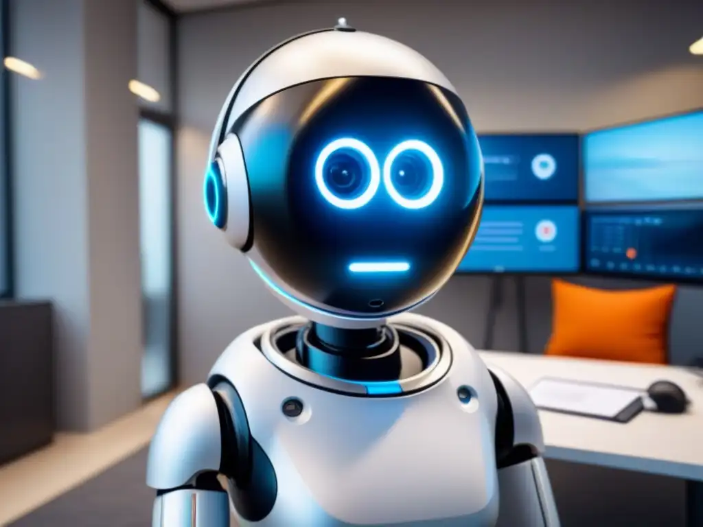 Chatbot inmobiliario futurista: eficiencia y innovación Un chatbot futurista para el sector inmobiliario, con un diseño sofisticado y funciones avanzadas de automatización, en una oficina moderna