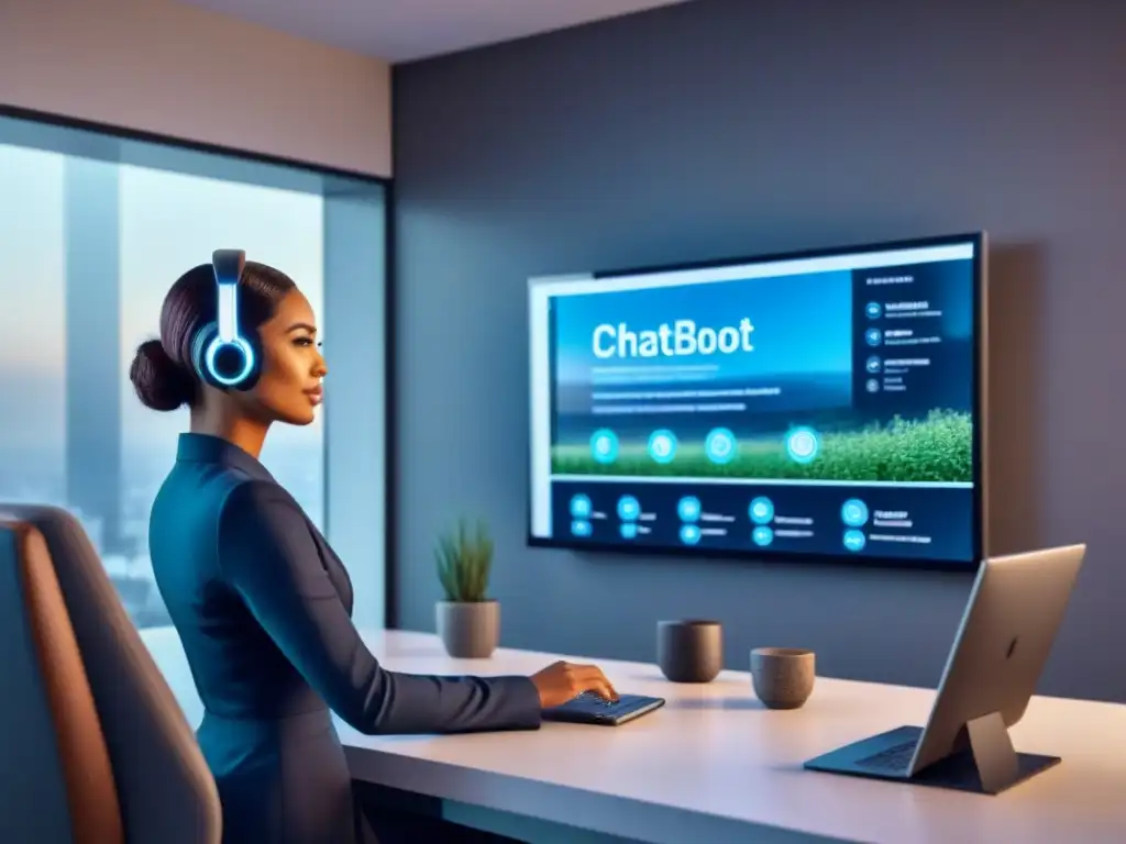 Chatbot inmobiliario de alta tecnología asistiendo a clientes diversos Un chatbot inmobiliario futurista interactuando con clientes diversos en una oficina contemporánea