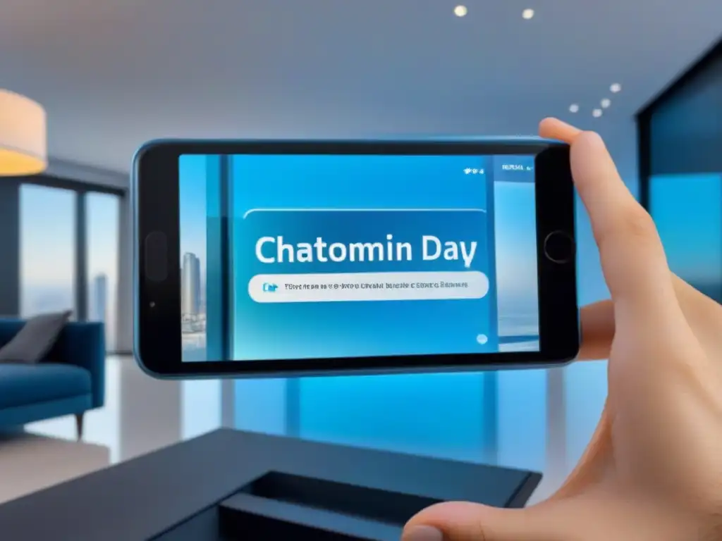 Tour virtual de lujo: chatbot AI para real estate Un chatbot inmobiliario moderno en pantalla holográfica muestra una lujosa propiedad con tour virtual interactivo