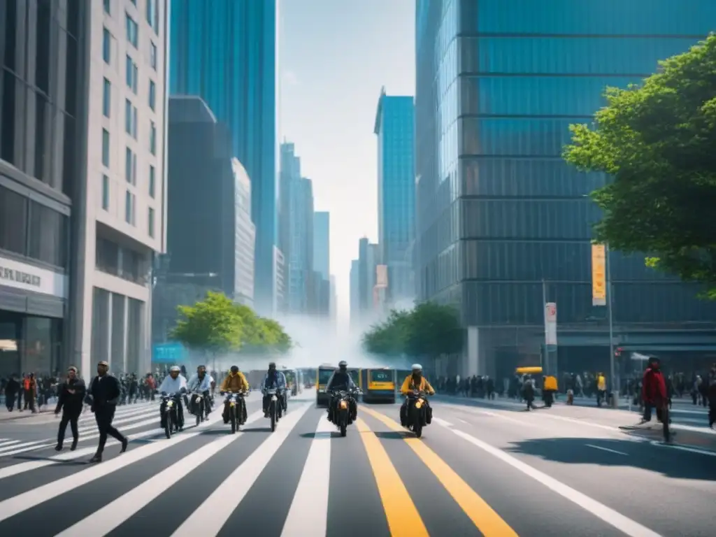 Escena urbana: movilidad y arquitectura en armonía Una ciudad bulliciosa con diversidad de personas, movilidad urbana e inversión inmobiliaria, reflejando energía y dinamismo