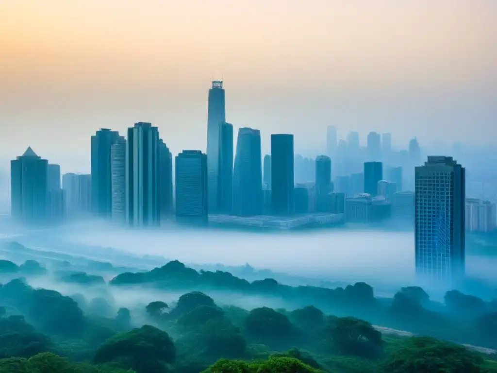 Impactante contraste: smog en ciudad vs parque verde Una ciudad bulliciosa envuelta en espesa contaminación, contrastando con un parque prístino