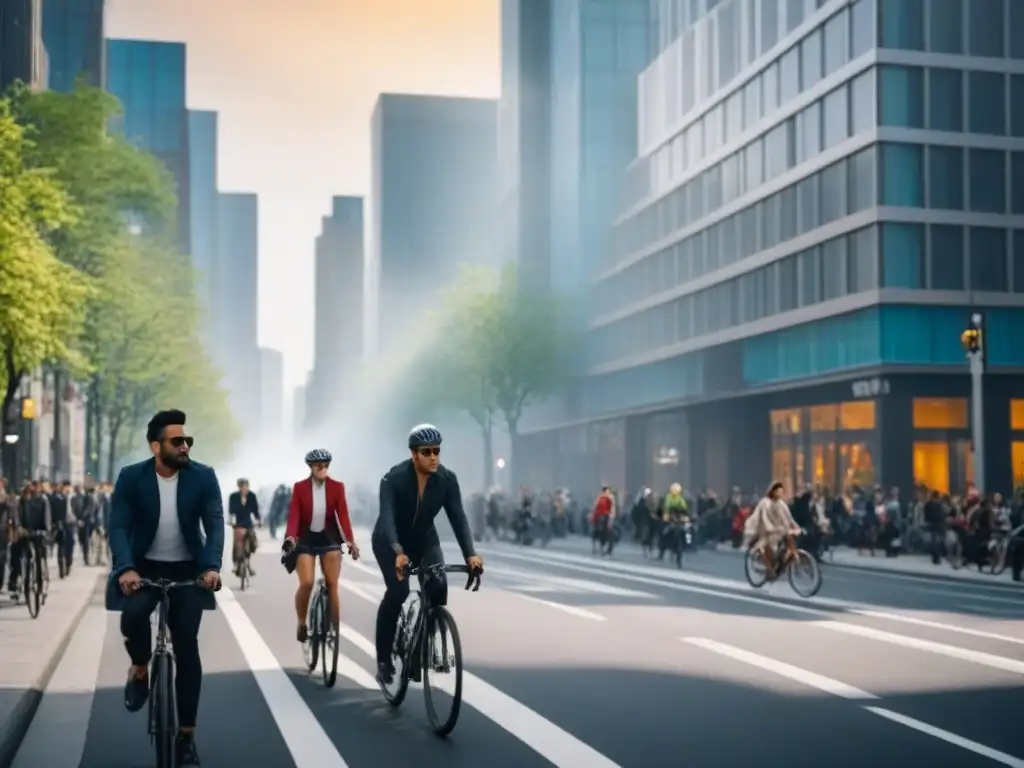 Vida urbana moderna: diversidad y armonía en la ciudad Una ciudad bulliciosa y moderna, con diversidad de personas y transporte público