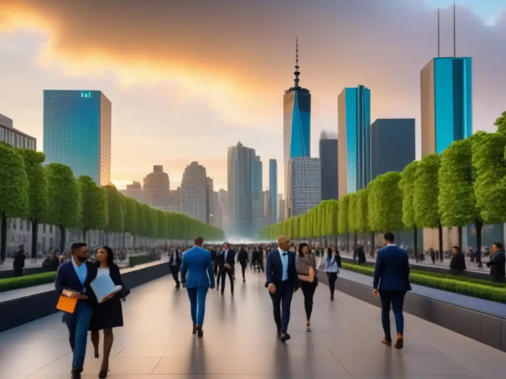 Cityscape al atardecer: Impacto de crisis económicas en propiedades urbanas Una ciudad bulliciosa con rascacielos y una mezcla de arquitectura moderna e histórica