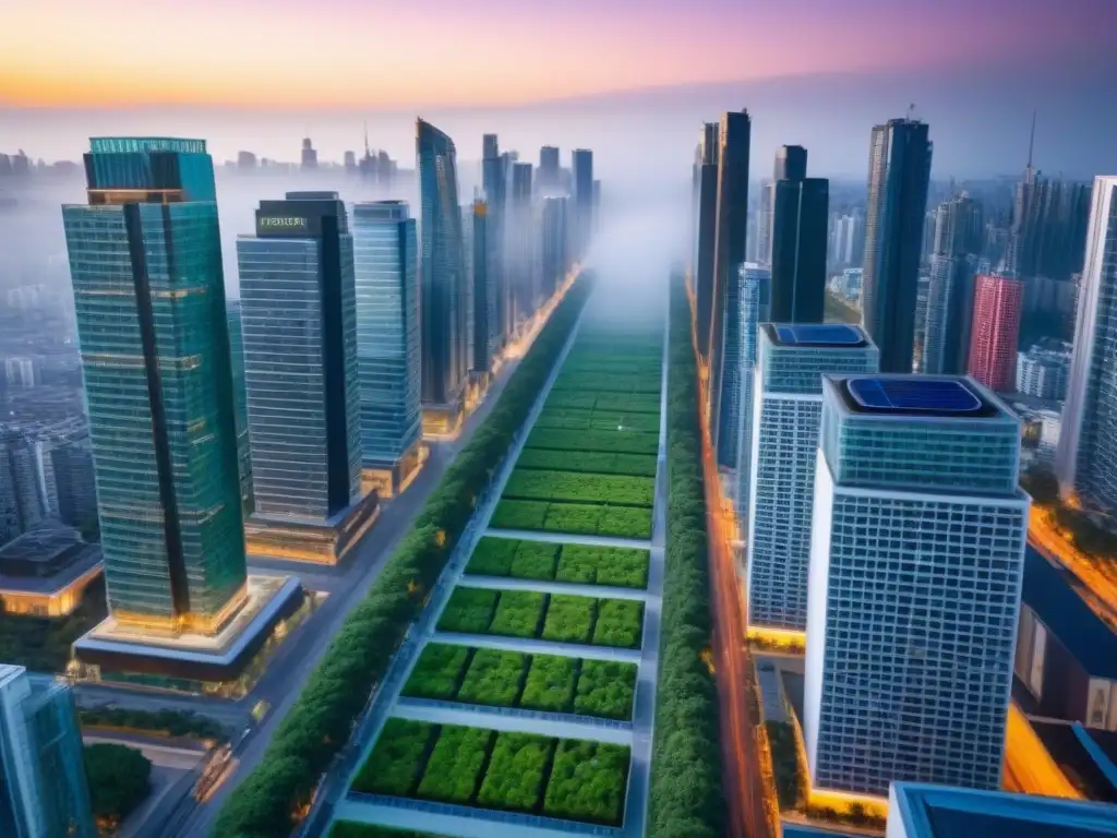 Metrópolis moderna: arquitectura sustentable en una ciudad vibrante Una ciudad bulliciosa con rascacielos modernos y diseño urbano planificado