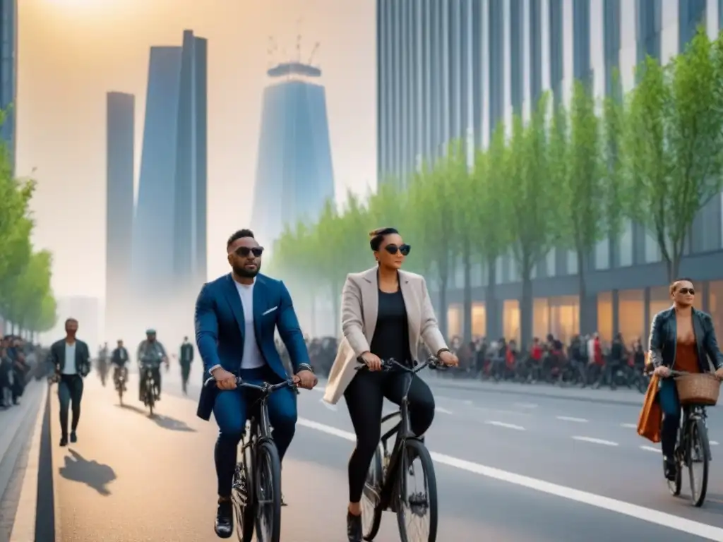Renovación urbana: ciudad vibrante y sostenible al atardecer Una ciudad bulliciosa con rascacielos modernos y vegetación, reflejando la armonía entre la arquitectura contemporánea y la renovación urbana
