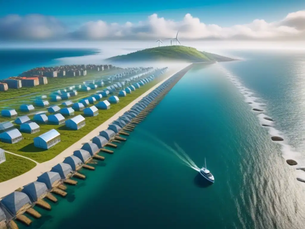 Futurista ciudad costera sostenible - 8k ultradetallada Una ciudad costera futurista con avanzadas estructuras para conservar el nivel del mar
