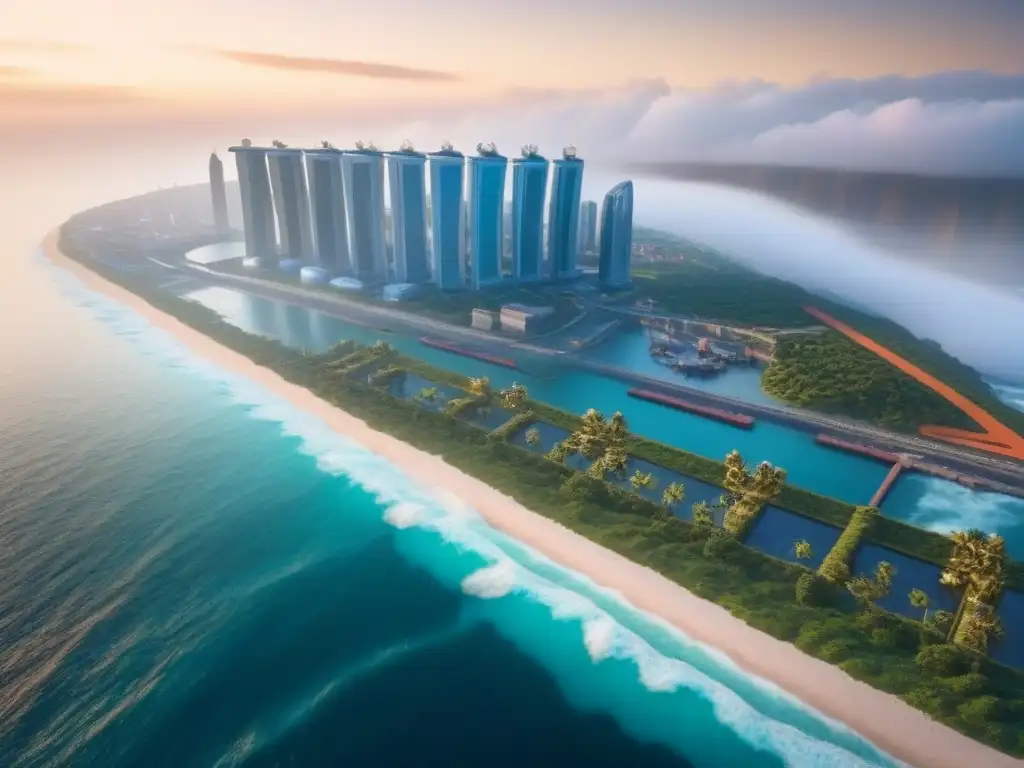 Skyline futurista con defensas marítimas avanzadas Una ciudad costera futurista con avanzadas defensas marinas y estructuras innovadoras de conservación contra el nivel del mar