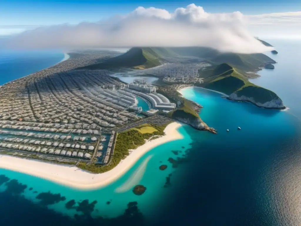 Metrópolis costera moderna con arquitectura sostenible y playas cristalinas Ciudad costera moderna con arquitectura innovadora y sostenible, playas prístinas y aguas cristalinas bajo cielo azul