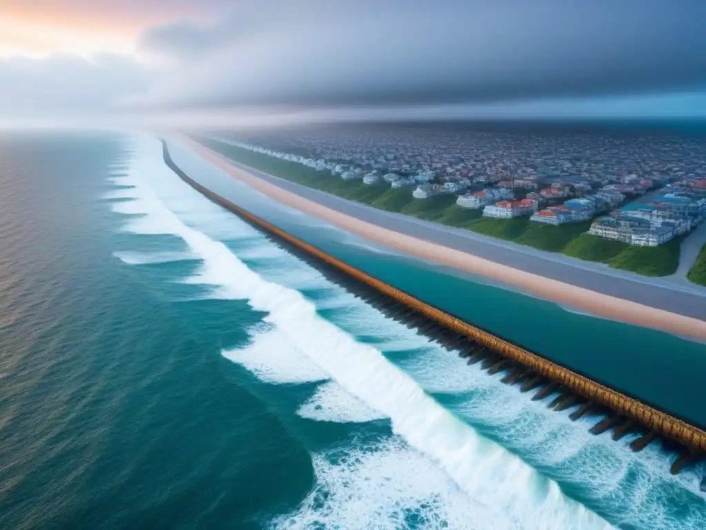 Muralla marina futurista en ciudad costera ante aumento del mar Una ciudad costera con muro marino futurista destacando la conservación de estructuras costeras ante el nivel del mar
