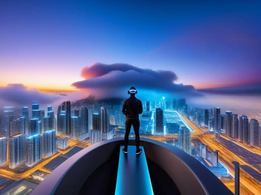 Realidad virtual: Futuro digital y seguridad avanzada Descubre la ciudad digital futurista en un casco de realidad virtual, fusionando tecnología y seguridad en tours inmobiliarios virtuales